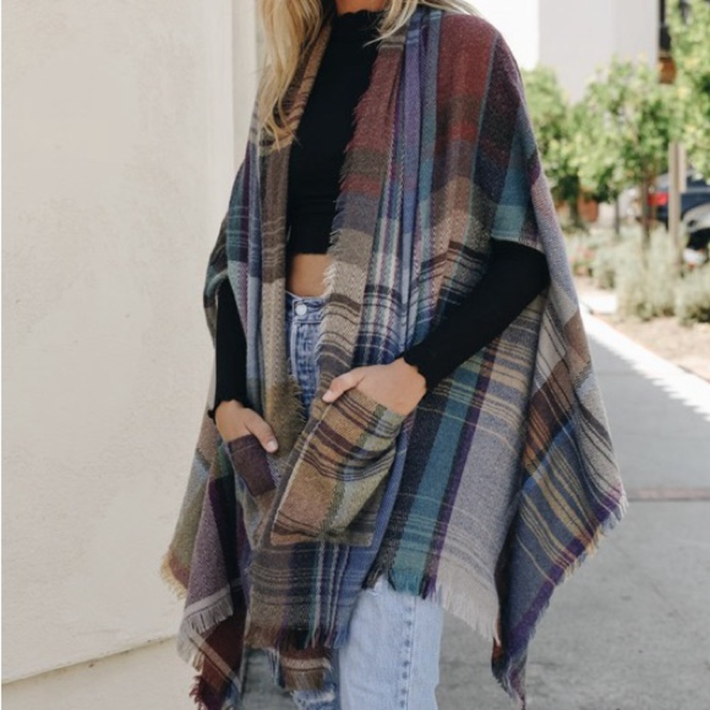 360. Bohemian open poncho duster pocketed plaid multicolor - Picture 1 of 3